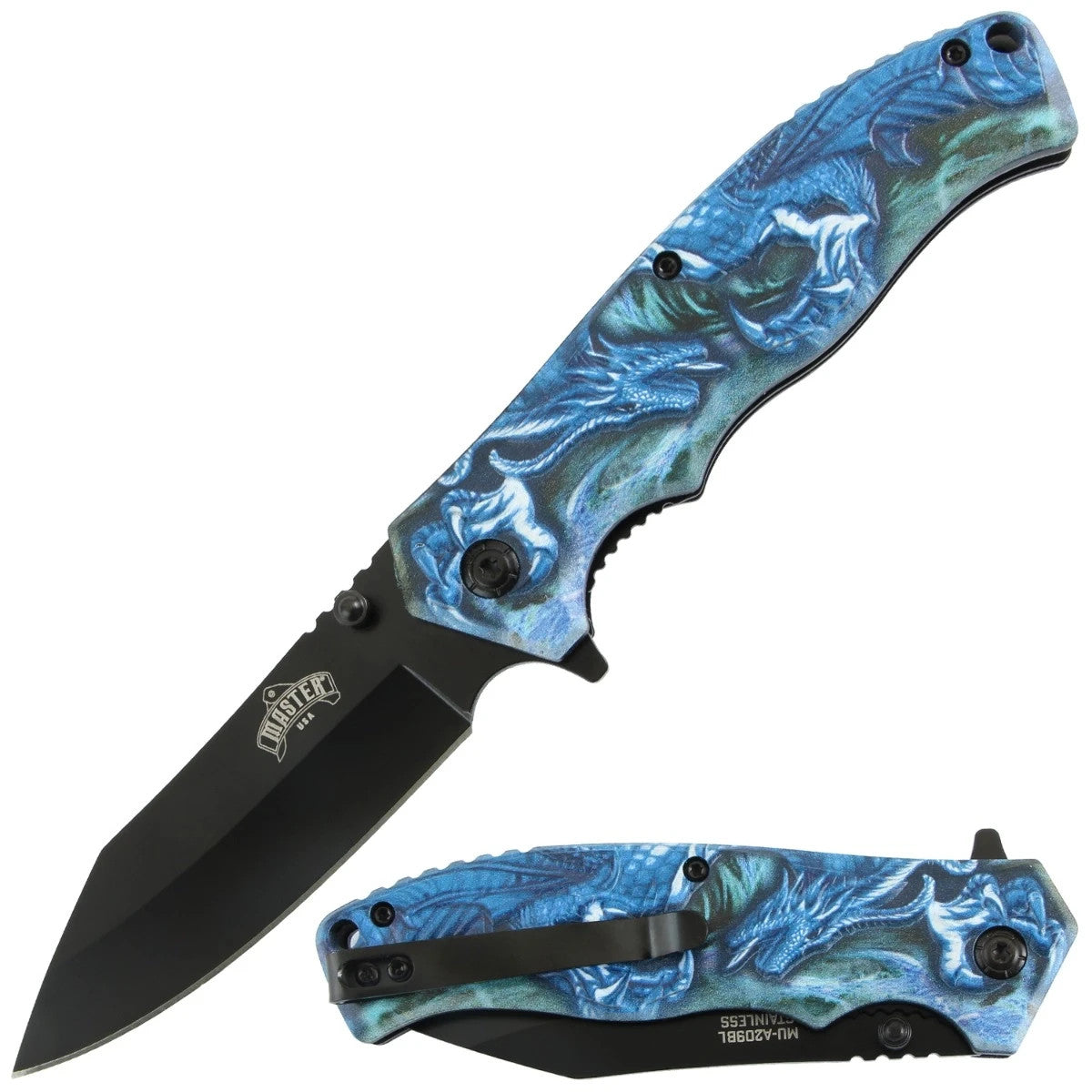 Master USA A/O 3-D Printed Blue Dragon ABS Handle Folding Knife MUA209BL