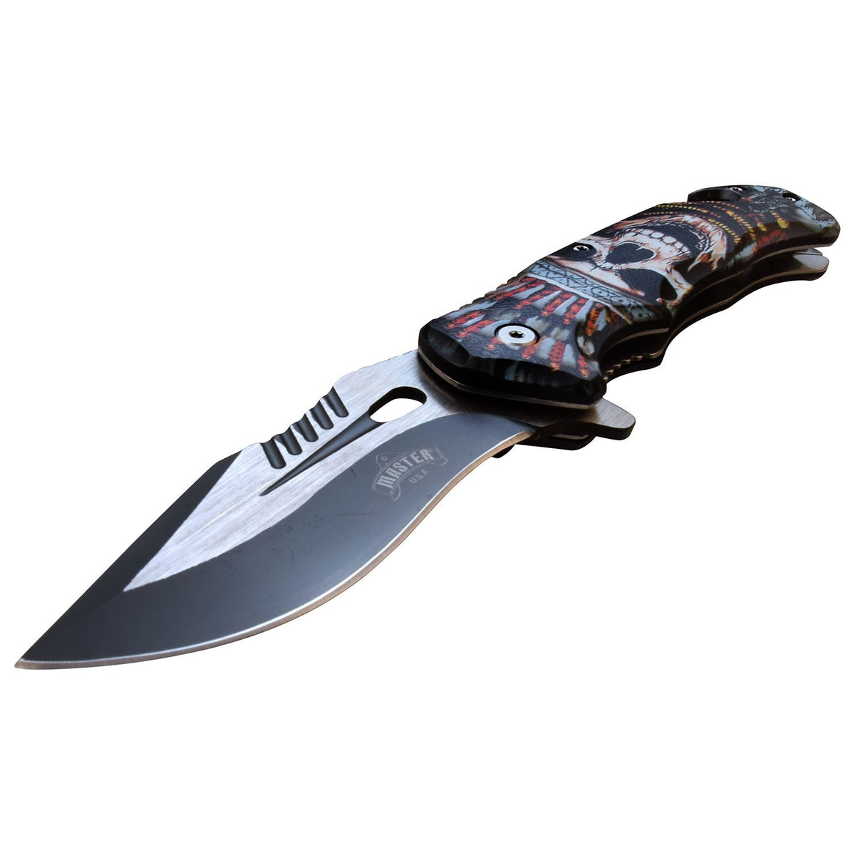 Master USA A/O Folding Knife Skull Embossed ABS Handle Stainless Blade MUA116J