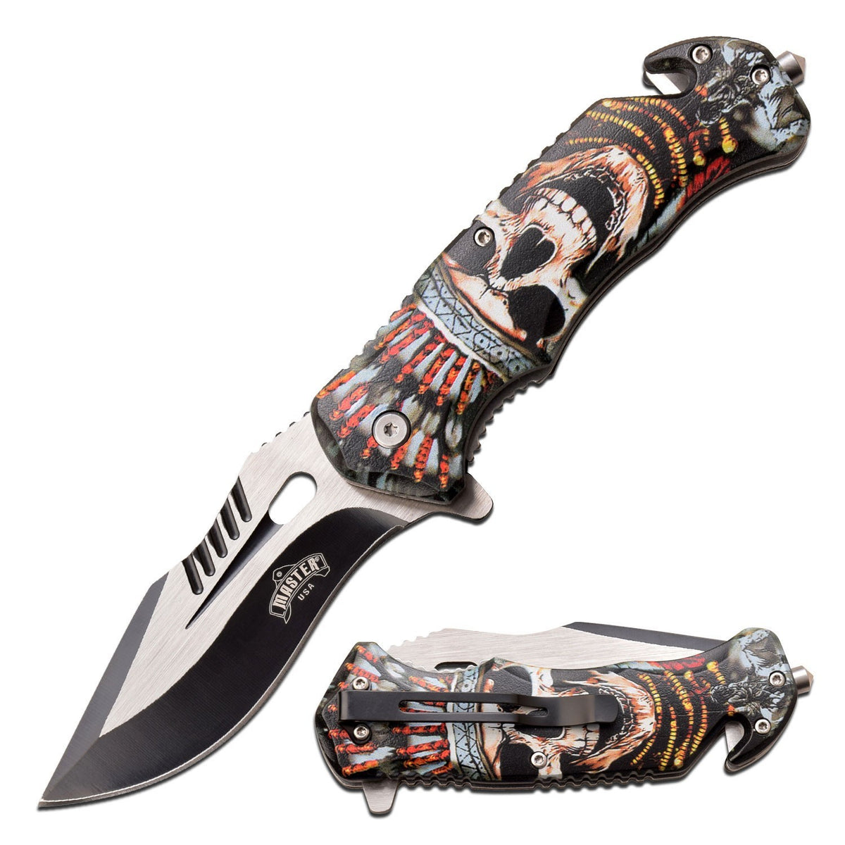 Master USA A/O Folding Knife Skull Embossed ABS Handle Stainless Blade MUA116J